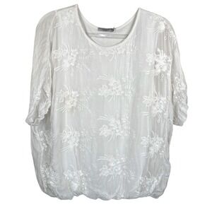 Tendenze Floral Embroidered Eyelet Top Silk Blend Blouse White Large Cottagecore